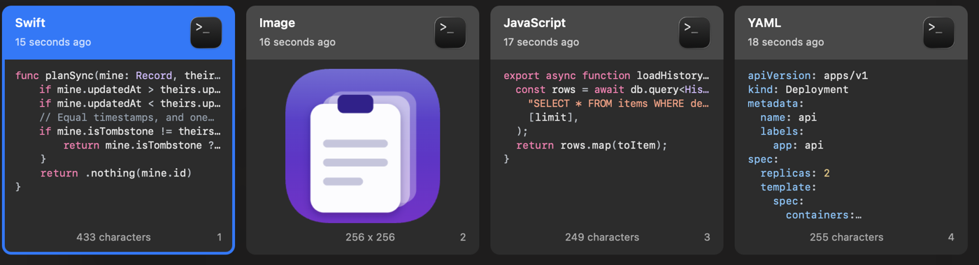 Four Clipd cards side by side, labelled Swift, Image, JavaScript and YAML, each showing syntax coloured code.