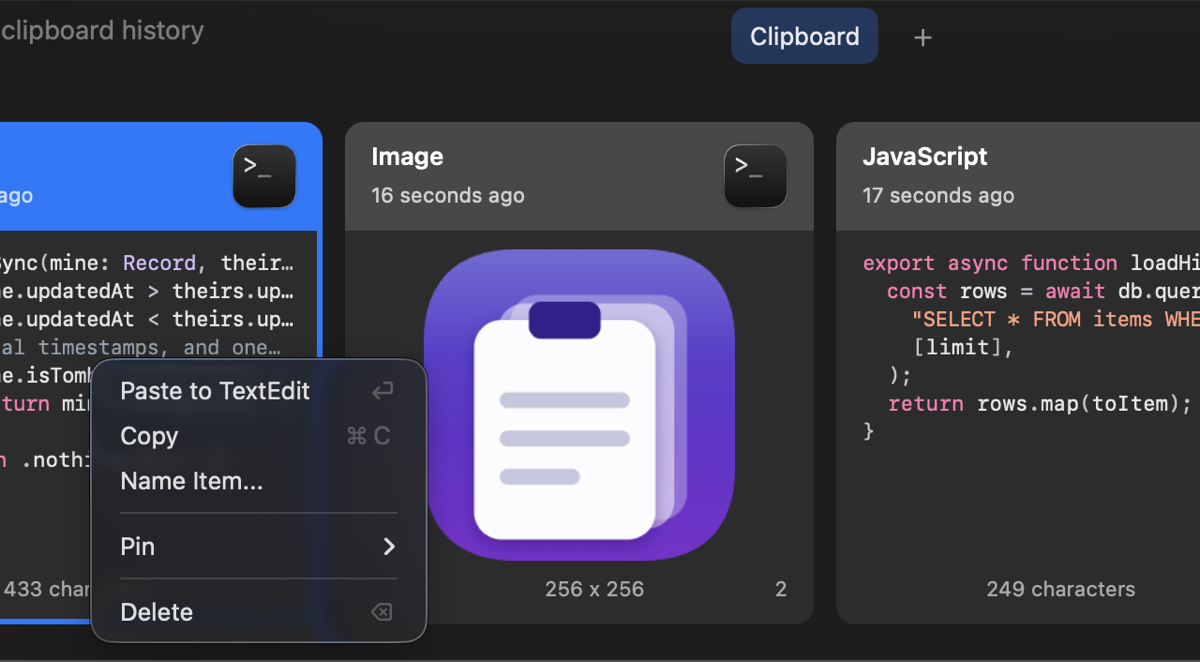 A right click menu open on a Clipd card, offering Paste to TextEdit, Copy, Name Item, Pin and Delete.